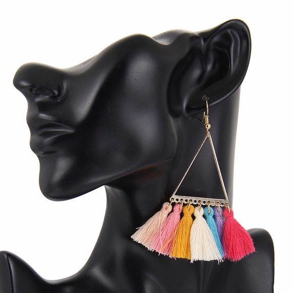 Triangle Boho Gold Earrings Multi Colored Tassels - Picture 2 of 3